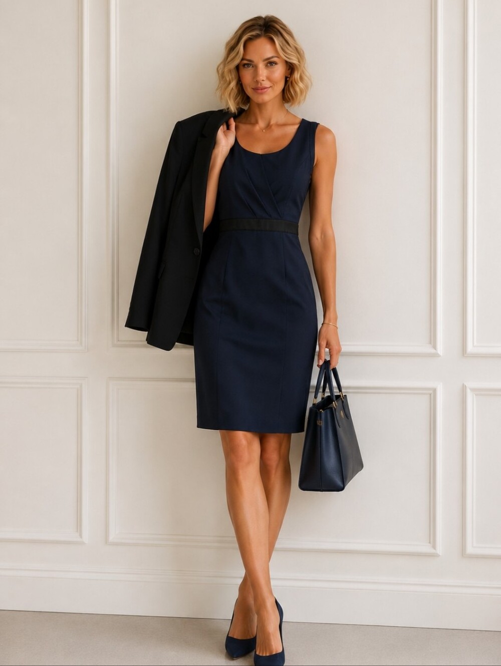 Club Monaco| Italian Tropical Wool Sheath Dress Navy Pleated Sleeveless - Picture 6 of 10
